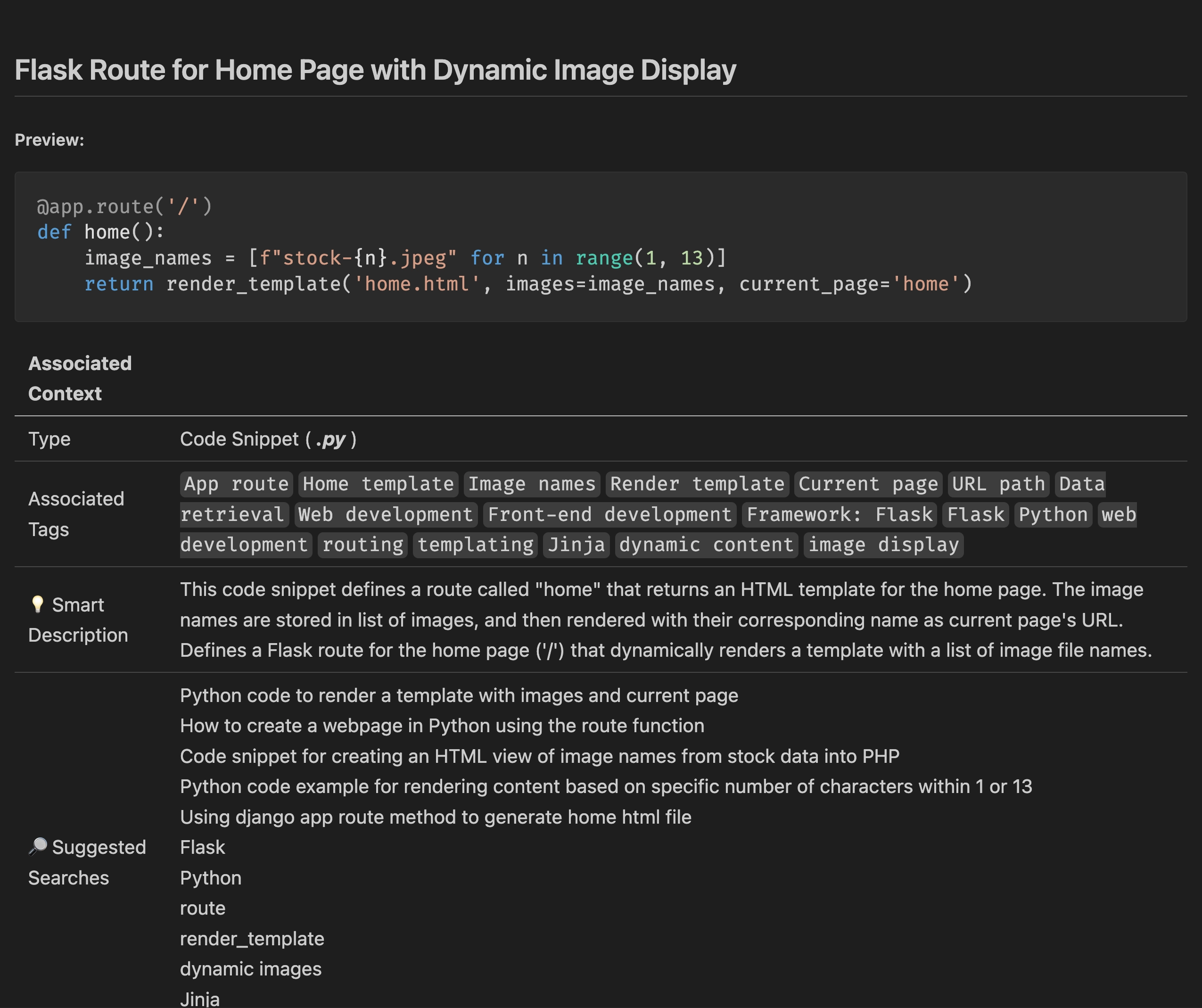 A screenshot of a saved Python snippet with the code and associated context such as tags and a smart description